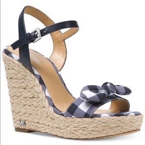 Michael Kors Blue and White Pippa Gingham  Espadrille Wedges with Bow Detail